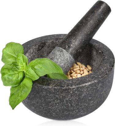 Navaris Granite Mortar and Pestle Set - Large Stone Mortar & Pestle for Spices, Pesto, Herbs - Includes Stamper with Mallet - Ø 16cm