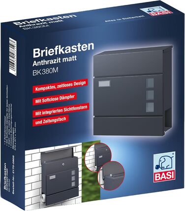 Поштова скринька BASI з м'яким закриттям, оглядовим вікном та табличкою для імені, DIN A4, з 2 ключами, вбудованим відділенням для газет, антрацит, настінна (H37x37x10.4 см)