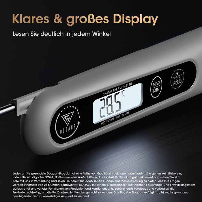 Цифровий кухонний термометр DOQAUS для м'яса, приготування їжі, випікання та гриля, швидка реакція 3s, LCD дисплей, автоматичне вмикання/вимикання (сріблястий/чорний)