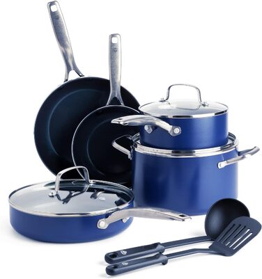 Набір посуду Blue Diamond Cookware Diamantstruktur Keramik Antihaft, 7-10 предметів: каструлі, сковорідки, молочник. Без PFAS, для всіх типів плит, включаючи індукцію. Можна мити в посудомийній машині, витримує температуру до 200°C.