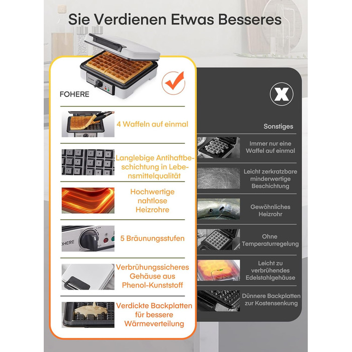 Електричний вафельниця FOHERE 4 вафлі, XXL, антипригарне покриття, Paninigrill, вафельниця для тостів, 1200 Вт