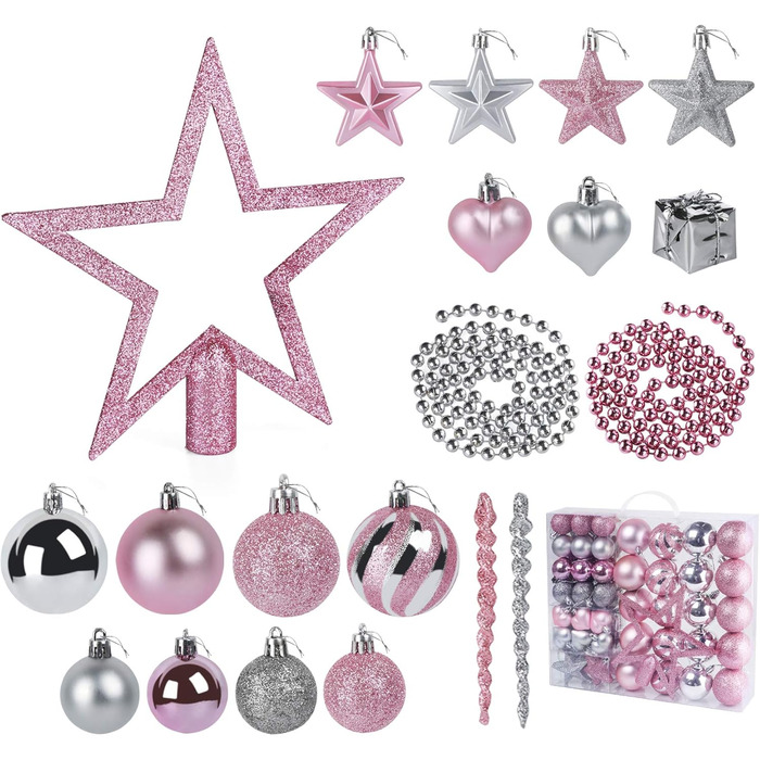 Набір прикрас для ялинки Agoer 100 шт. - блакитні, рожеві та срібні кульки з блискітками, пластик