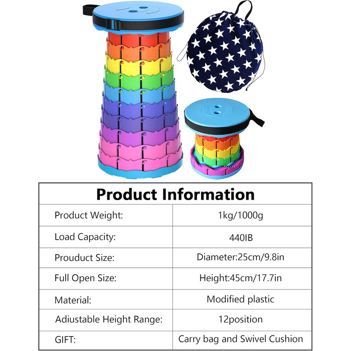 Складаний туристичний стільчик-табурет, 440lbs, з сумкою, для кемпінгу, риболовлі, подорожей, барбекю (Райдужний)