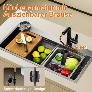 Чорний кухонний змішувач з висувною лійкою, 3 режими, LED-індикатор температури, поворотний на 360°, для високого тиску, регульована висота