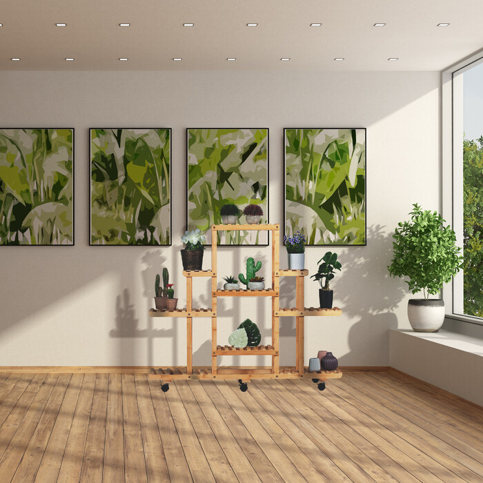Relaxdays Bamboo Plant Shelf with Wheels