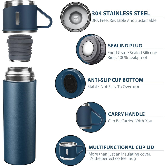 500ml Stainless Steel Thermos Flask with Cup and Handle - Leakproof Vacuum Insulated Travel Bottle for Kids, Sports (Black & Blue)