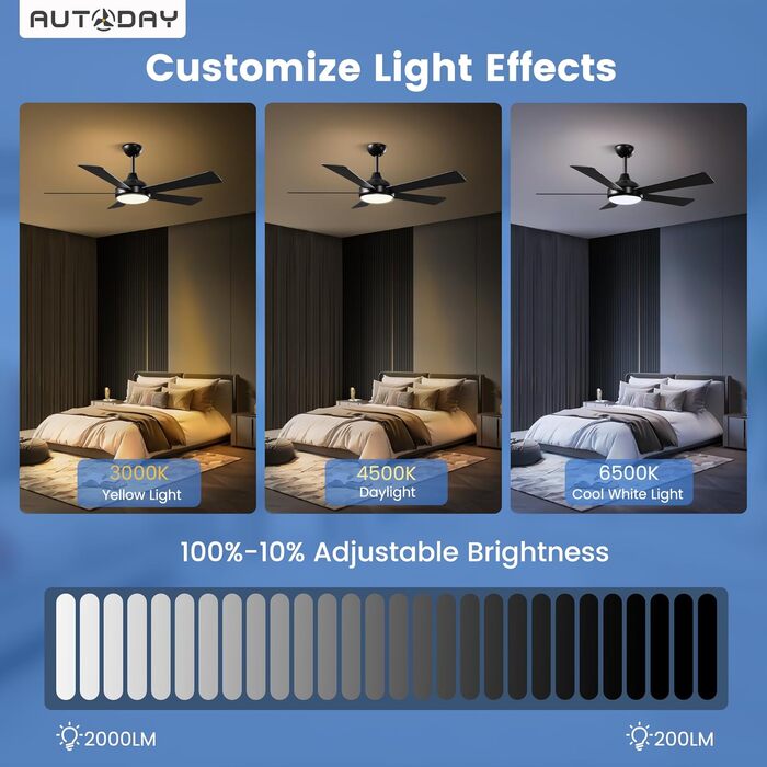 Дерев'яний стельовий вентилятор з підсвічуванням, LED 24W, тихий DC-двигун 38W, 132 см, з пультом дистанційного керування, 6 швидкостей, таймер, (Чорний)
