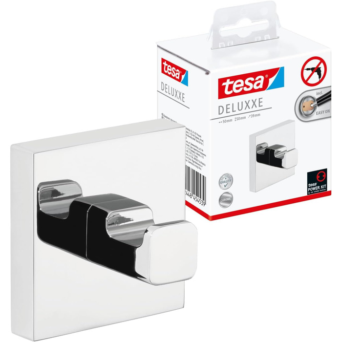 tesa DELUXXE Towel Hook, Chrome - Bathroom Hook for Wall Mounting without Drilling, including Adhesive Solution - 50mm x 50mm x 39mm