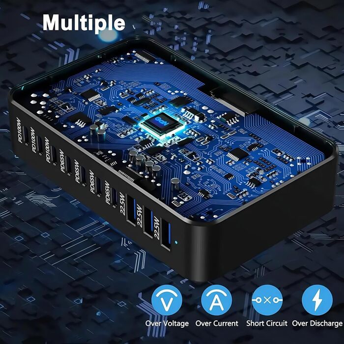 Зарядний пристрій USB-C 620W, 10 портів: Швидка зарядка PD PPS 100W, USB-C для MacBook Pro/Air, iPad, iPhone 16/15/14/13/12 Pro Max, Samsung