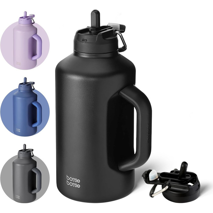 BOTTLE BOTTLE Insulated Water Bottle with Straw and Double Lid, Stainless Steel Sports Water Bottle for Men, with Handle, Vacuum Stainless Steel, for Workout and Sports, 1.8L, Black