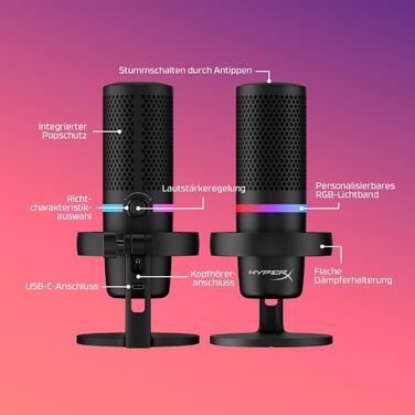 HyperX DuoCast – USB-конденсаторний мікрофон з RGB-підсвічуванням, поп-фільтр, для PC, PS5, PS4, Mac, чорний