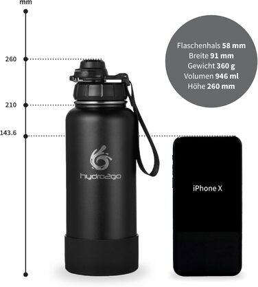 Термофляга Hydro2Go Edelstahl 950 мл з соломинкою, чорна - ізольована, BPA-free, для спорту та активного відпочинку, 24 год холод/12 год тепло