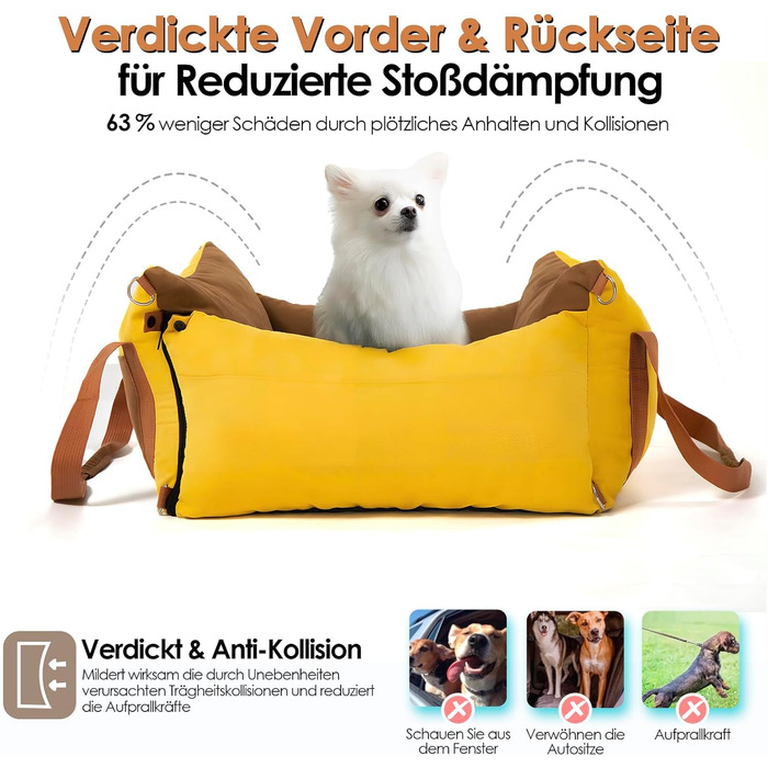Portable Dog Car Seat for Small & Medium Dogs Under 15KG - Washable Travel Bed with Storage & Safety Belt (Green & Yellow)