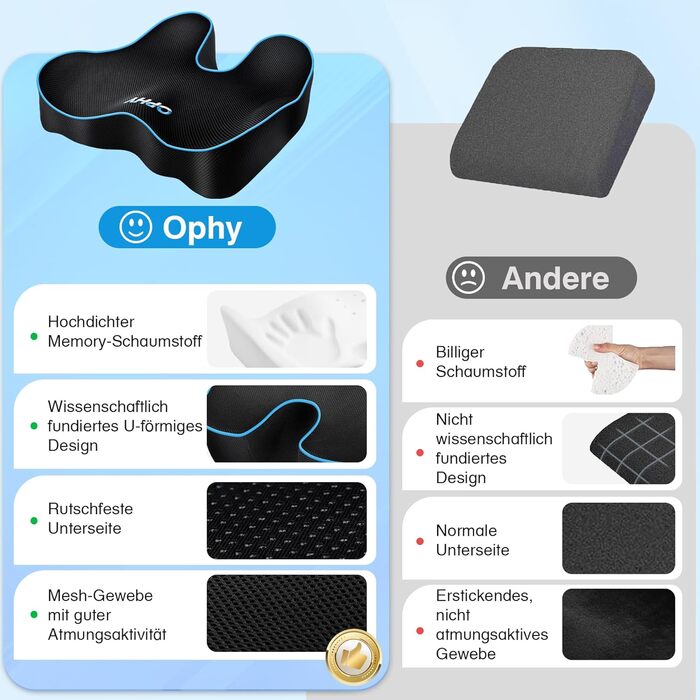 Подушка для сидіння Ophy для авто та офісного крісла з піною Memory Foam, знімною обкладинкою, чорна