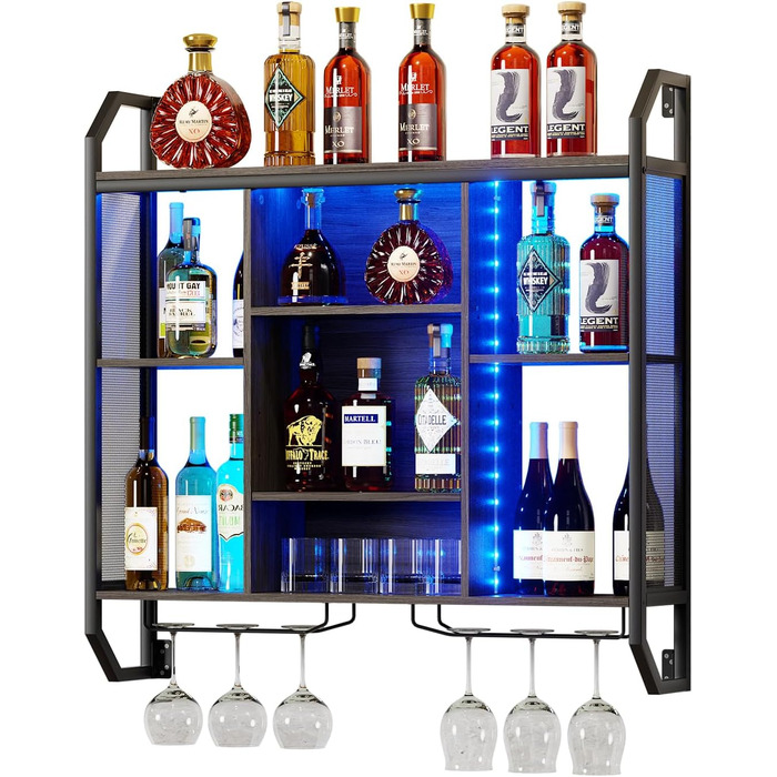 Настінна вітрина для вина з LED-підсвіткою 90x90 см з металу та MDF. Полиці для вин з тримачами для келихів. Регульована полиця для бару, винного підвалу, кухні.