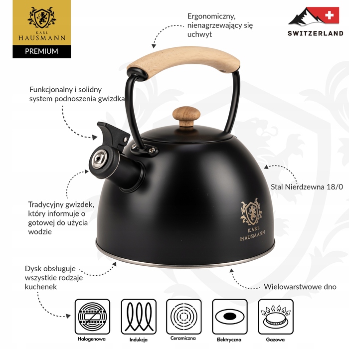 Класичний сталевий чайник Karl Hausmann, 2,5 л, бежевий з чорним