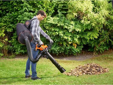 Black+Decker 3-in-1 Electric Leaf Blower/Vacuum BEBLV301 (3,000 Watts, with Shredder + attachable leaf rake, 72L collection bag backpack - high blowing speed & adjustable suction power)