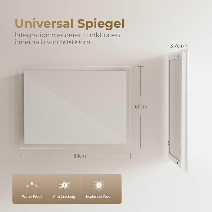 Дзеркало для ванної кімнати з підсвічуванням LED 80x60 см, регульоване, 3 кольори світла (3000K/4000K/6500K), антизапарник, вертикальна/горизонтальна установка, без збільшення 3x