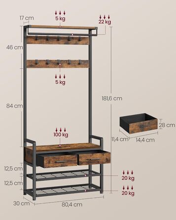 VASAGLE Coat Rack with Shoe Bench, Coat Rack, Shoe Storage, 2 Fabric Drawers, 10 Hooks, 6 Side Hooks, 30 x 80.4 x 181.6 cm, Vintage Brown-Ink Black HSR429B01
