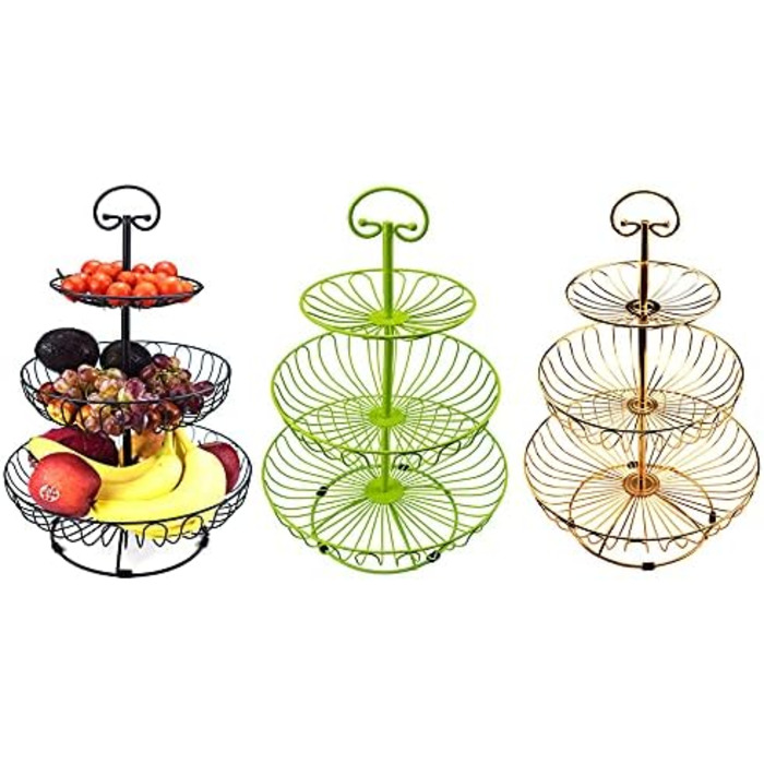 Металевий кошик для фруктів та овочів з ручкою - 3 яруси, великий, з нержавіючої сталі, з циркуляцією повітря (45 см, Ø30-24-16.5 см), золотий