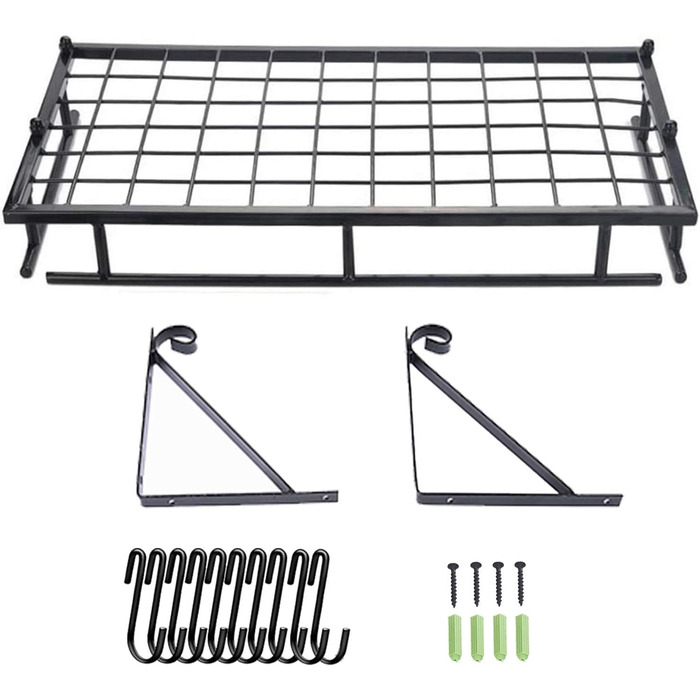 K-1121 60 CM Black Large Kitchen Shelf, Wall Shelf for Pots, Pans, and Utensils, Hanging Shelf with 10 Hooks