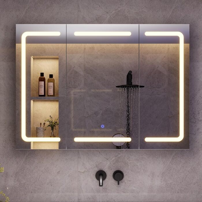 Дзеркало шафа для ванної кімнати з LED-підсвіткою, розеткою та 3 колірними температурами, 60x90x16 см, диммер, сенсорне управління, 3 регульовані полиці, білий колір