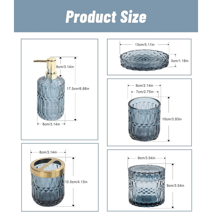 Набір аксесуарів для ванної кімнати Qivine 5 шт., блакитний: стакан для зубної пасти, дозатор мила, контейнер для ватних паличок. Сучасний набір скляних аксесуарів для ванної кімнати