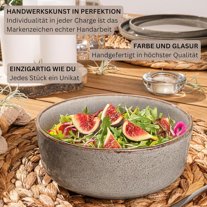 Набір посуду SÄNGER Kairo Graphit 24 елементи: 6 тарілок для їжі, 6 тарілок для десерту, 6 мисок для пасти, 6 мисок, керамічний посуд для 6 осіб, мока-коричневий колір