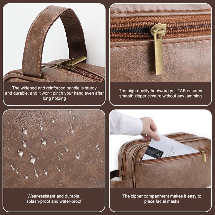 Чоловіча косметичка Kulturbeutel з водонепроникного PU-шкіряного матеріалу, двошарова, для подорожей та спорту (темно-коричнева)