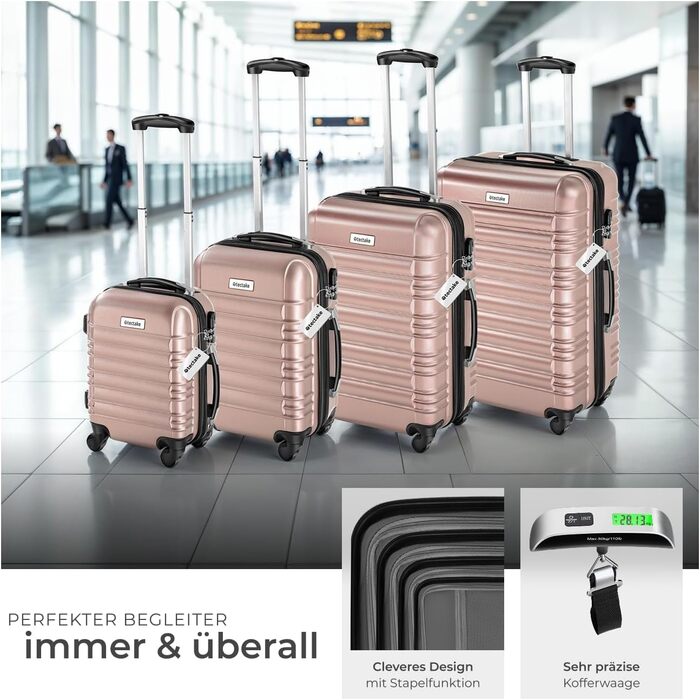 Набір валіз Tectake® 4 шт. з ABS-пластику, рожевого кольору, з колесами, телескопічним ручками та замками, включає ваговою та аксесуарами для валіз (S-M-L-XL)