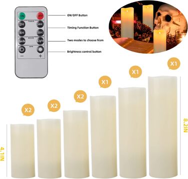 LED Candles, Set of 9 Flameless Candles, Battery-Powered Candles Flicker, D5.5cm x H10/12.5/15/17.5/20/22.8cm, Real Wax Pillar Candles with Remote Control and 24-Hour Timer Function (Ivory)