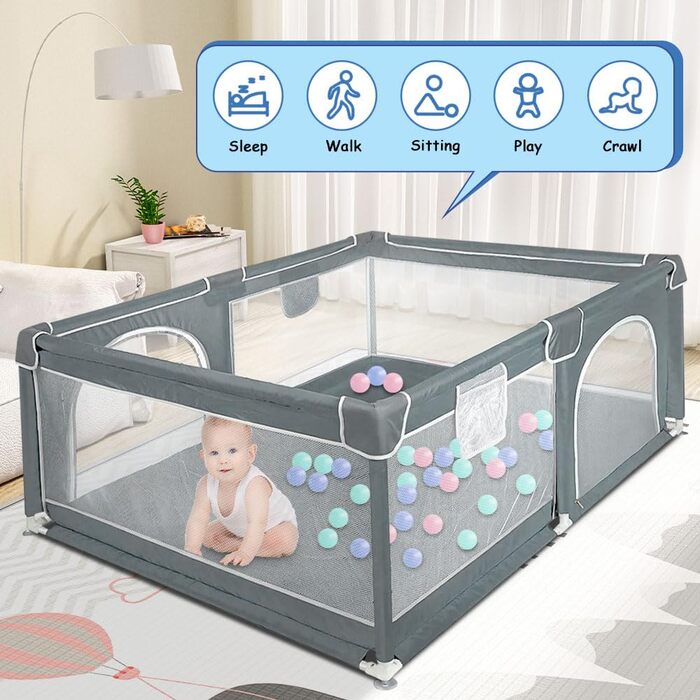 Baby Playpen, 160 x 120 cm, Activity Fence for Kids, with Base, Modular, Foldable, Large Playpen for Toddlers with Zipper Door (gray)