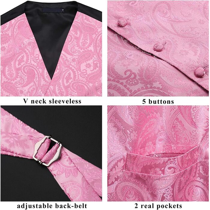 Жаккардова жилетка для костюма чоловіча Enlision на весілля з краваткою та нагрудником. Квітковий візерунок Paisley, рожева, XL