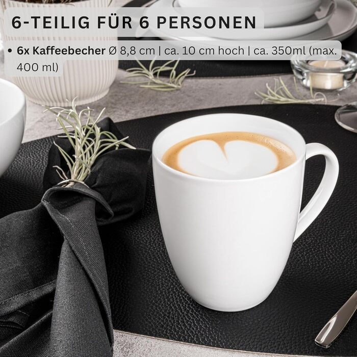 Singer | Marlo 6-Piece Coffee Mug Set, Porcelain Coffee Cups for 6 People, Dishwasher-Safe Coffee Cups & Mugs Set for Coffee & Tea, 350 ml | PREMIUM COLLECTION