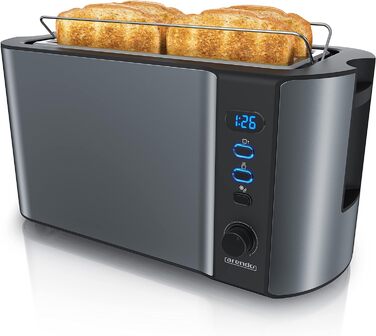 Arendo - Stainless Steel 4-Slice Long Slot Toaster, Defrost, Heat-Insulating Housing, with Integrated Bun Tray, 1500W, Crumb Tray, Display, Cool Grey A: Cool Grey