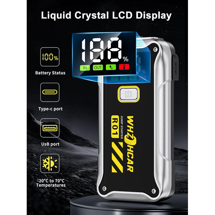 Powerbank Starthilfe 4000A: портативний пусковий пристрій для автомобіля 12V з LCD дисплеєм та LED ліхтариком. Підходить для бензинових (9.0L) та дизельних (7.5L) двигунів. Ідеально для SUV, мотоциклів та газонокосарок. Чорний колір.