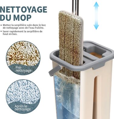 Набір для миття підлоги з відром, Masthome: компактний моп з відром та вичавкою, 3 мікрофібрових насадок, нержавіюча сталь, 2-в-1, для дерев'яних, плиткових та мармурових підлог, бежевий, 2.9л