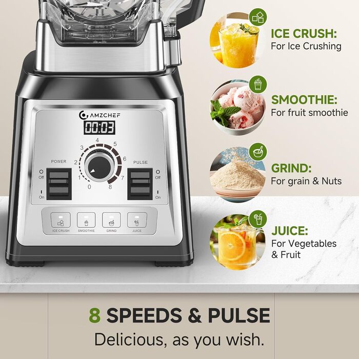 AMZCHEF 2000W Stand Mixer - 2L High-Power Blender with 8 Speeds & 4 Pre-Programs (Crushed Ice, Smoothies, Meat Mixing) - BPA-Free Black