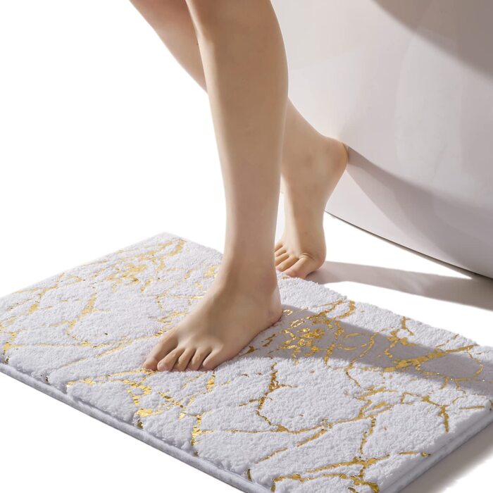 QJHOMO Non-Slip Bath Mat Washable, Bathroom Rug, White Bathroom Carpet, Gold Decorative Rug Luxury Bathroom Accessories, Soft Microfiber Absorbent Bath Rug for Bathroom, Bathtub, 40x60 cm 40 x 60 cm White and Gold