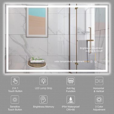 Дзеркало для ванної кімнати з LED підсвічуванням Dripex, 50x70 см, з сенсорним вимикачем, протитуманне, 6400K, енергозберігаюче