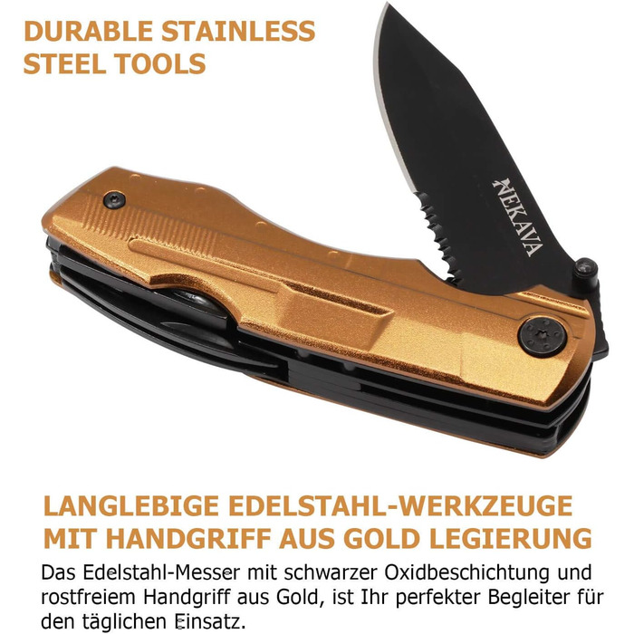 Багатофункціональний інструмент 5-в-1 | Мультитул з складним ножем з чорної нержавіючої сталі та золотим руків'ям. Ідеальний для виживання, відпочинку на природі, побуту. В комплекті безкоштовний інструмент для кредитної картки