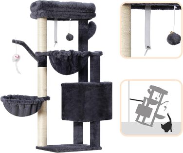 Кігтеточка-кімнатний комплекс Heybly Kratzbaum 100см з платформою, гротою, 2 гамаками та іграшками. Колір: сірий. Модель: HCT006SG