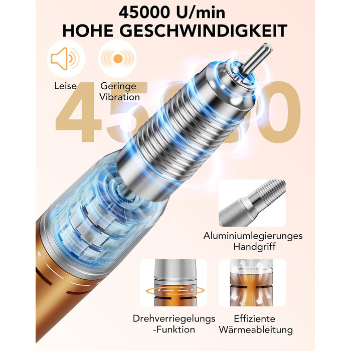 Професійний електричний фрезер для нігтів Nagelfräser 45000 об/хв з педаллю, LCD дисплеєм, 45 швидкостей, F/R, функція паузи, для гель-манікюру, для салону та дому