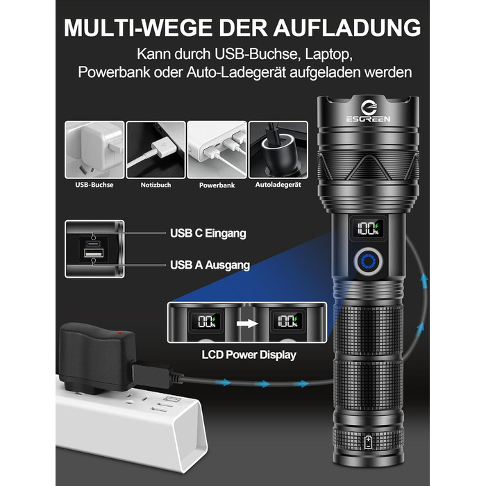 LED ліхтарик Esgreen 500000 люменів - тактичний, потужний, з USB-C, зумом, 5 режимів, для кемпінгу та безпеки