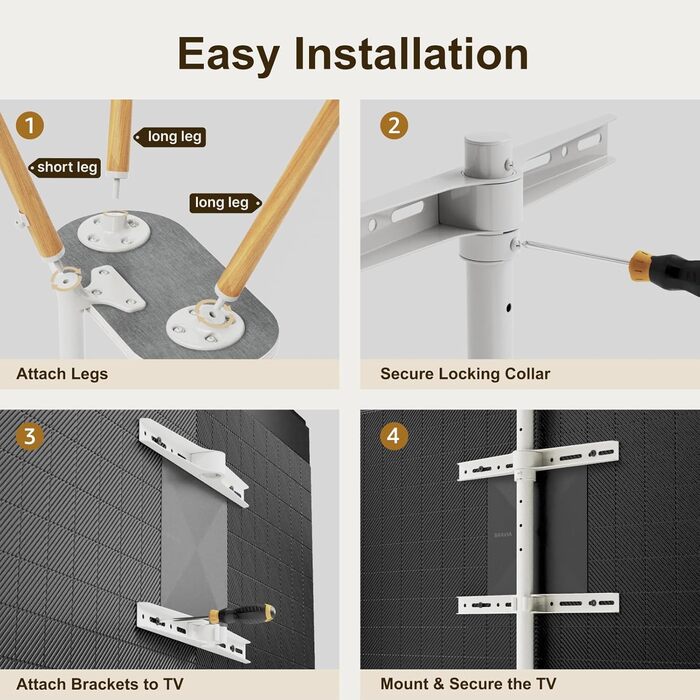 Підставка для телевізора 43-65 дюймів: регульована, поворотна, з дерев'яною полицею, VESA 400x400 мм, мінімалістичний дизайн (білий + бук)