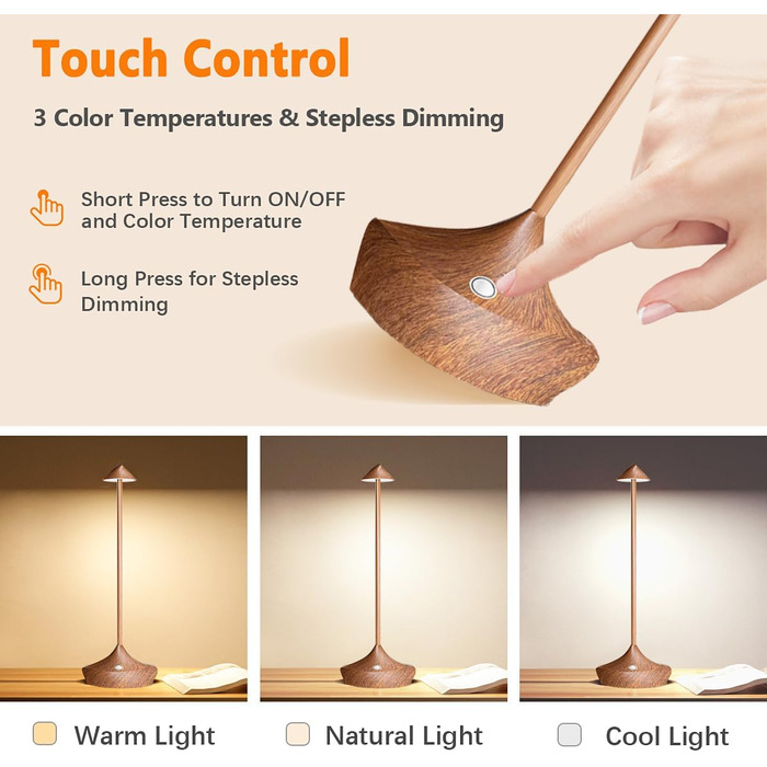 Світлодіодні акумуляторні настільні лампи Hapfish 2 шт, бездротові, диммуються, алюмінієві, водонепроникні, для дому, саду, ресторану (коричневі, дерев'яний колір)