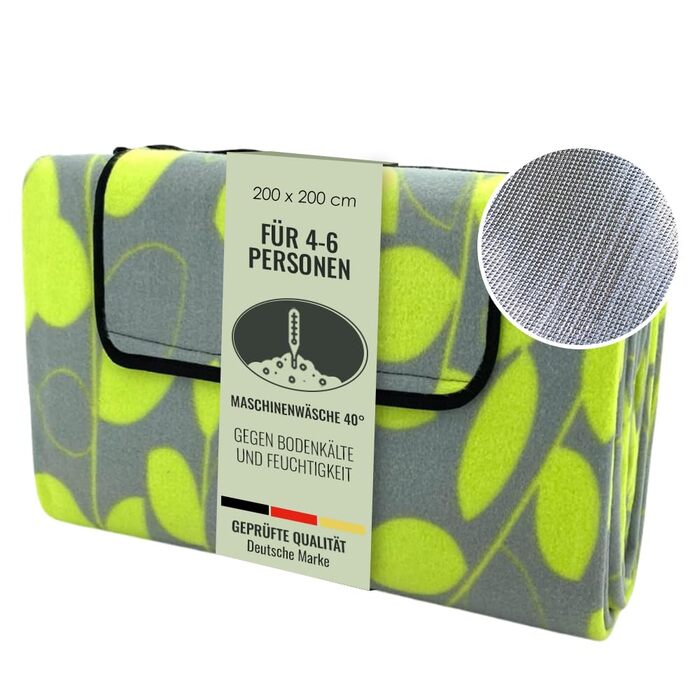 Плед для пікніка Heimtexland XL 200x200 см водонепроникний, листя лимона - килимок для пляжу, кемпінгу, фестивалів, складаний з ручкою