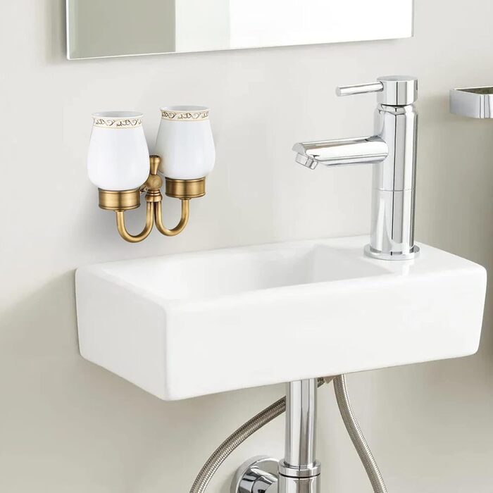 Home Antike Toothbrush Holder, Brass Tooth Cup Holder, Retro Classic Solid Copper Toothbrush Holder and Ceramic Glass Shape Double Toothbrush Holder