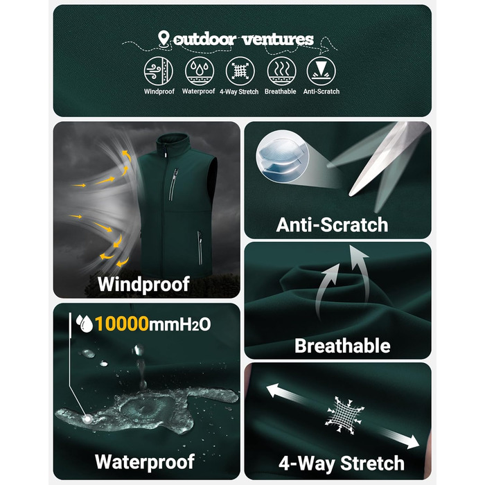 Чоловіча вітро- та водонепроникна жилетка Outdoor Ventures Softshe для їзди на велосипеді, XL, темно-зелений