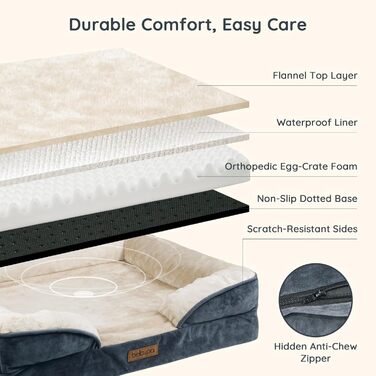 Ортопедичне ліжко для собак BELLA & PAL, 71x59 см - комфортне собаче ліжко з ефектом пам'яті, водовідштовхувальна підкладка, знімний фланелевий чохол, протиковзке дно, сіре